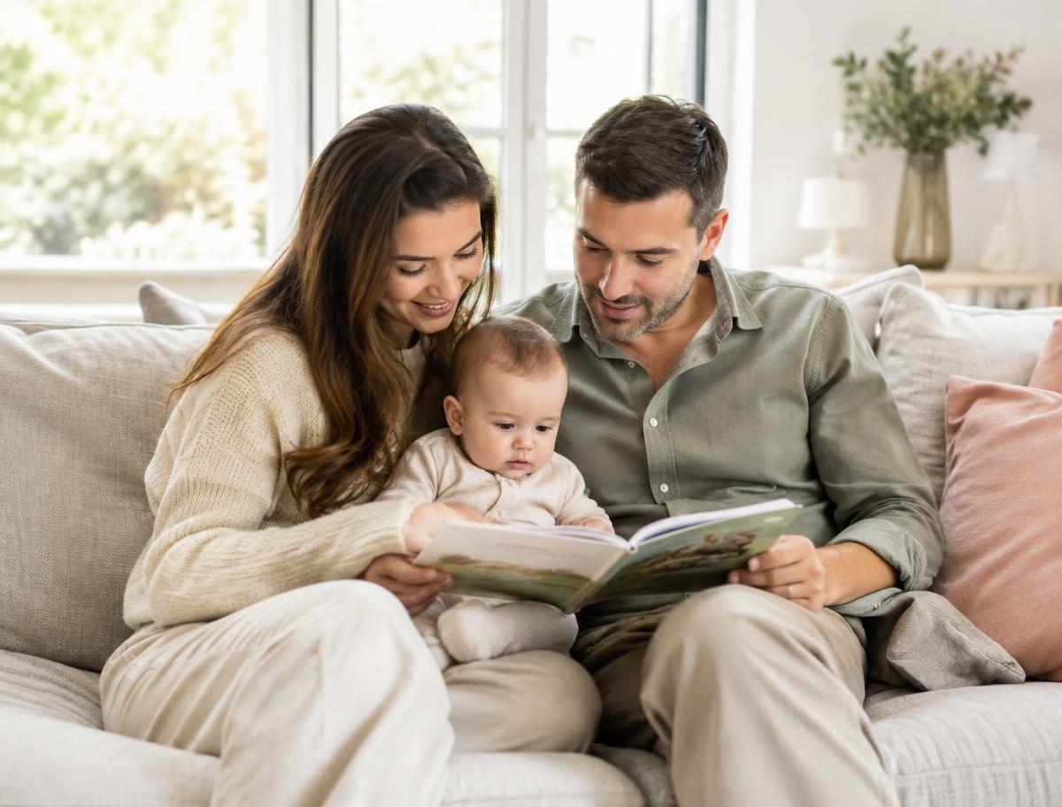 Familia leyendo un cuento con su bebé